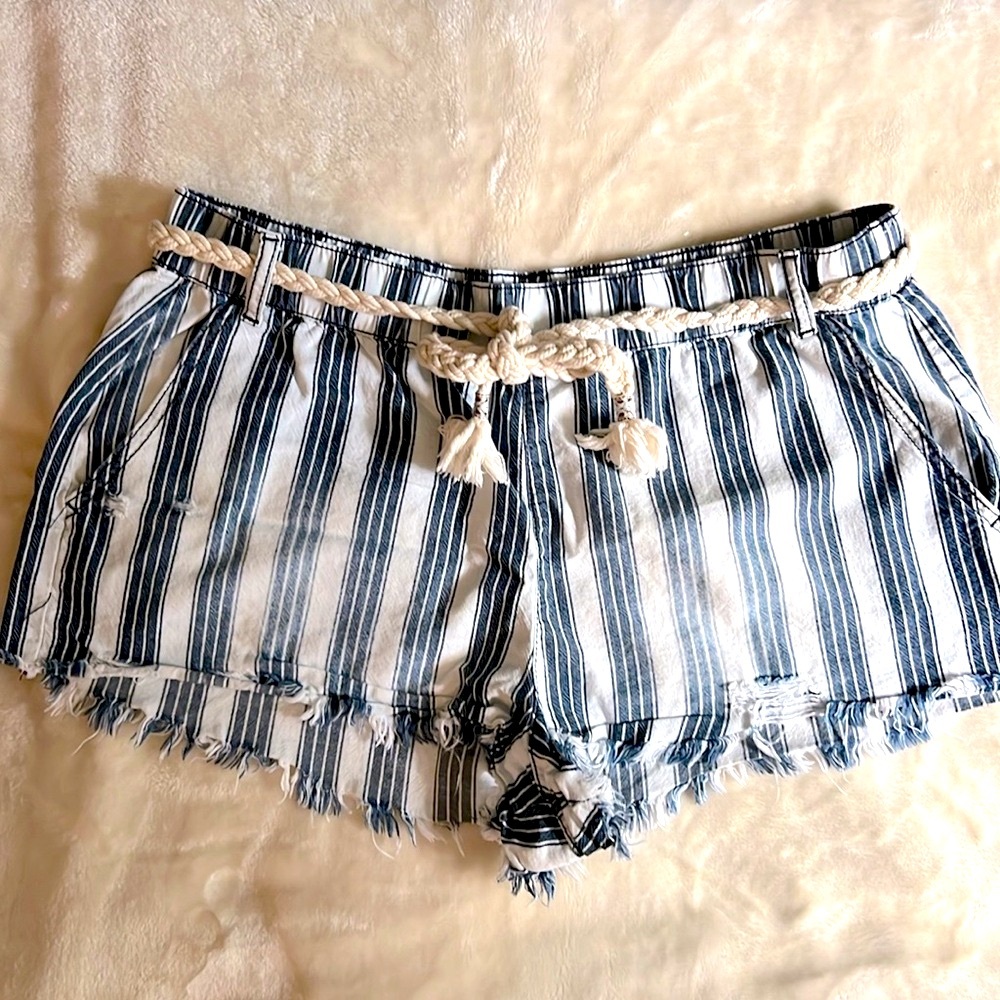 REWASH 🩳 FRINGED 100% COTTON BLUE/WHITE STRIPED SHORTS WITH ROPE BELT Womens XL